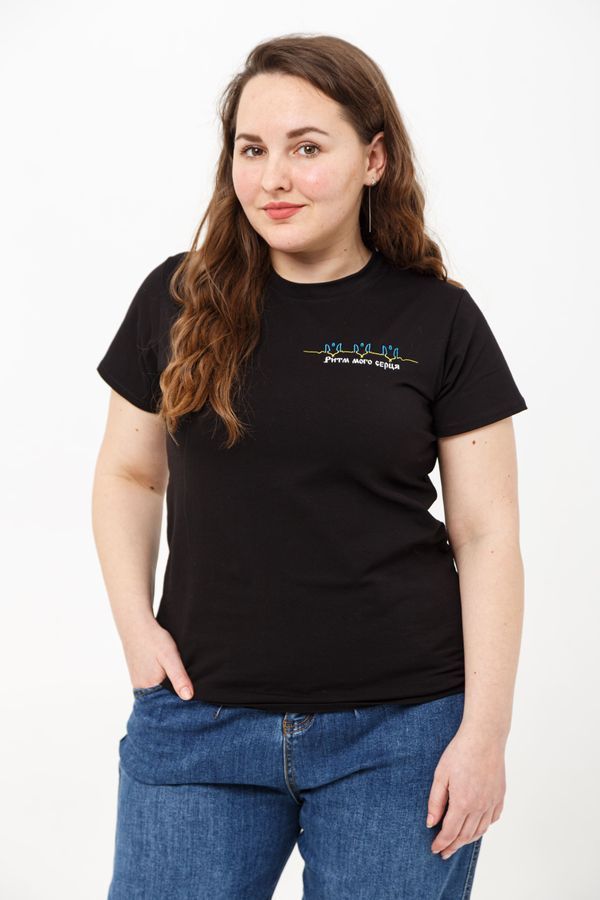 Women's t-shirt with "The rythm of your heart" embroidery, Black, 2XL