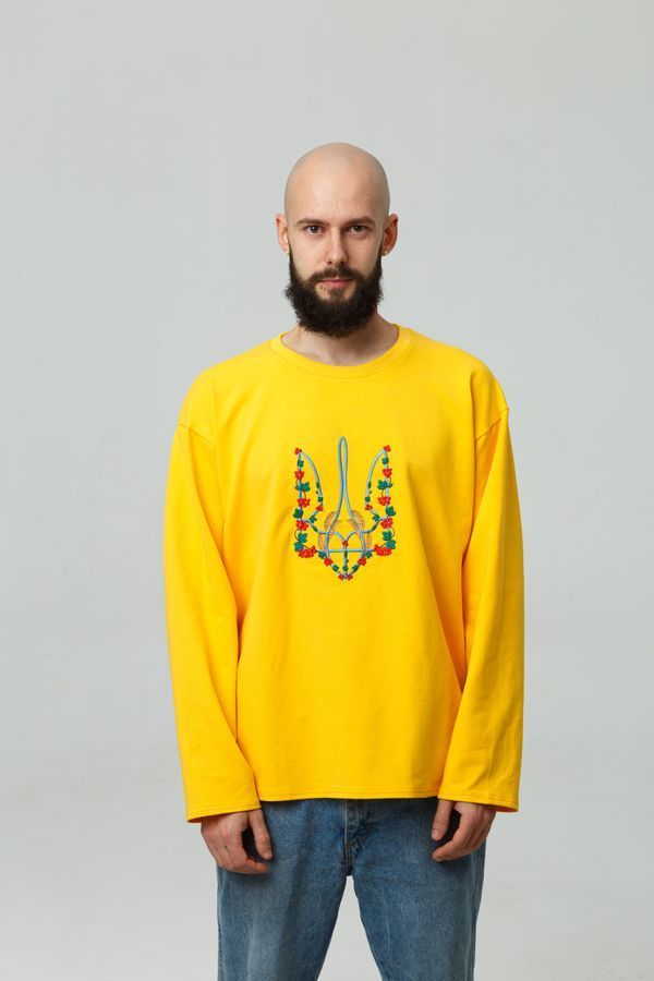 Men's longsleeve oversize with "Red kalyna trident" embroidery, yellow, Yellow, S