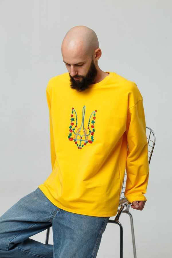 Men's longsleeve oversize with "Red kalyna trident" embroidery, yellow, Yellow, S