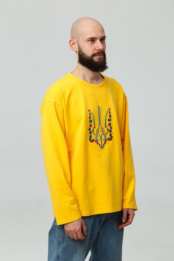 Men's longsleeve oversize with "Red kalyna trident" embroidery, yellow, Yellow, S