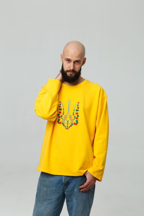 Men's longsleeve oversize with "Red kalyna trident" embroidery, yellow, Yellow, S