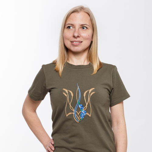 Women's t-shirt with &ldquo;Mallow trident&rdquo; embroidery, khaki, S