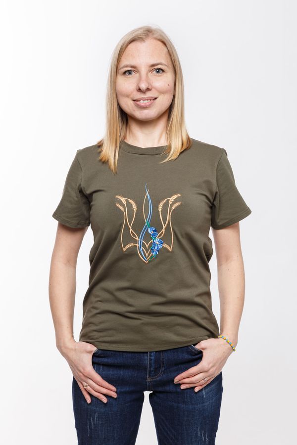 Women's t-shirt with &ldquo;Mallow trident&rdquo; embroidery, khaki, M