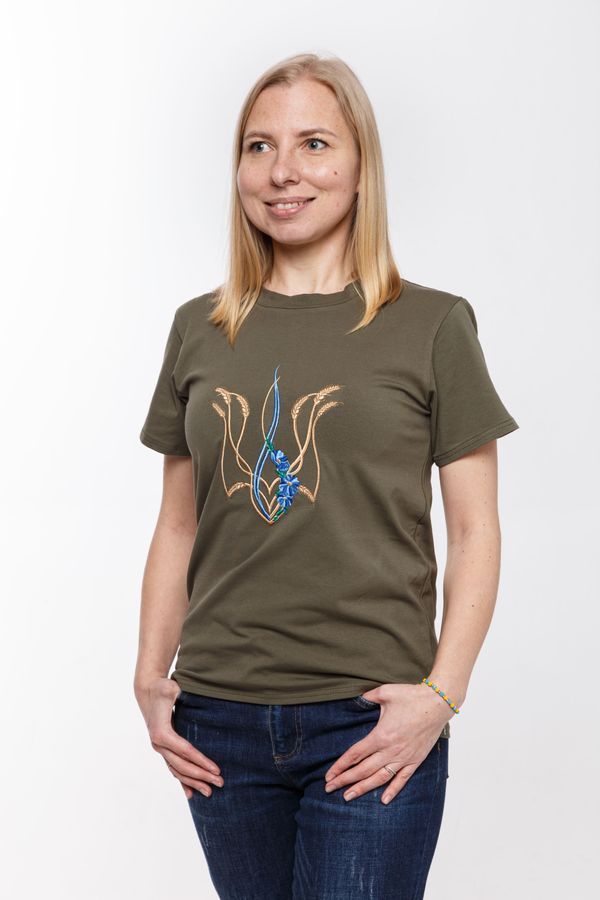 Women's t-shirt with &ldquo;Mallow trident&rdquo; embroidery, khaki, M