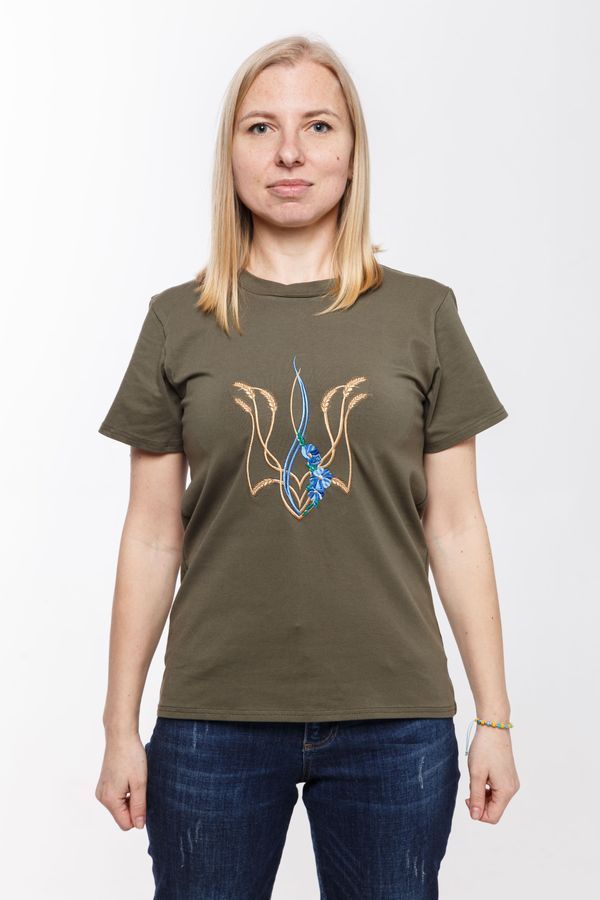 Women's t-shirt with &ldquo;Mallow trident&rdquo; embroidery, khaki, M