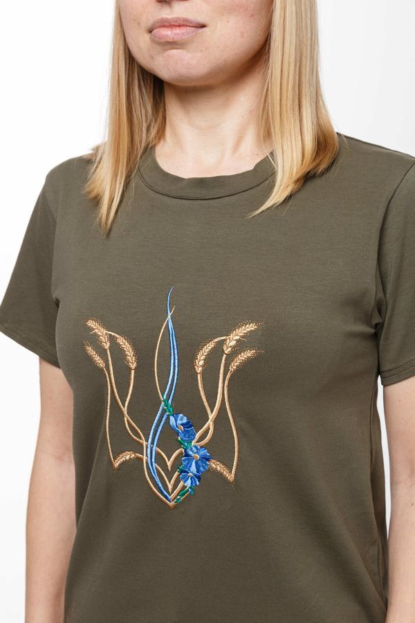 Women's t-shirt with &ldquo;Mallow trident&rdquo; embroidery, khaki, M