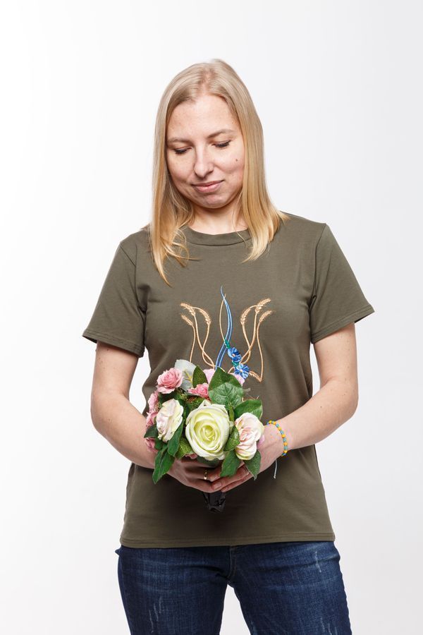 Women's t-shirt with &ldquo;Mallow trident&rdquo; embroidery, khaki, M