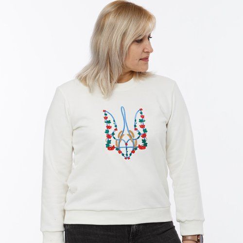 Women's sweatshirt with "Kalyna trident" embroidery, white, White, L