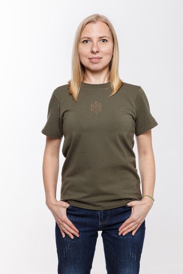 Women's t-shirt with "The trident of Yaroslav the Wise" embroidery khaki, S