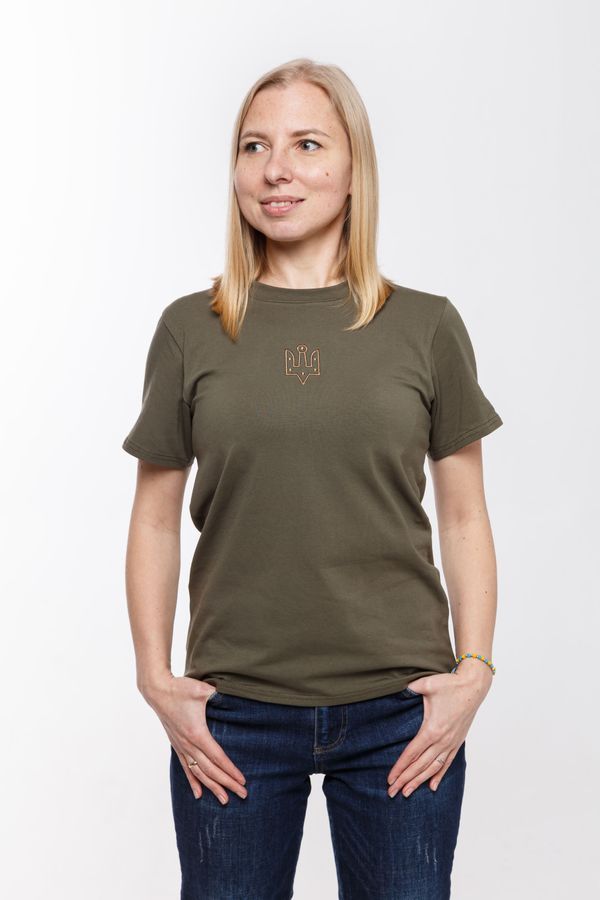 Women's t-shirt with "The trident of Yaroslav the Wise" embroidery khaki, S
