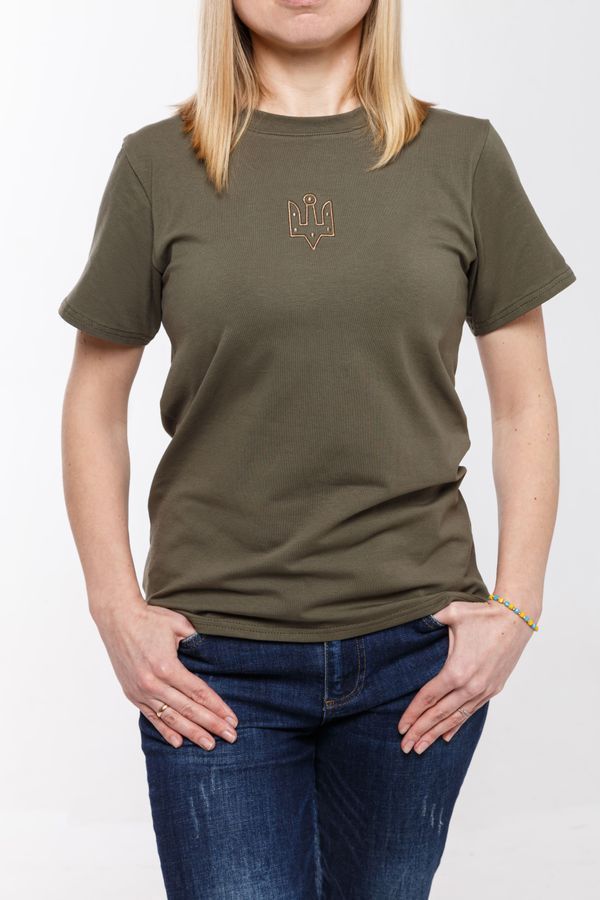 Women's t-shirt with "The trident of Yaroslav the Wise" embroidery khaki, S