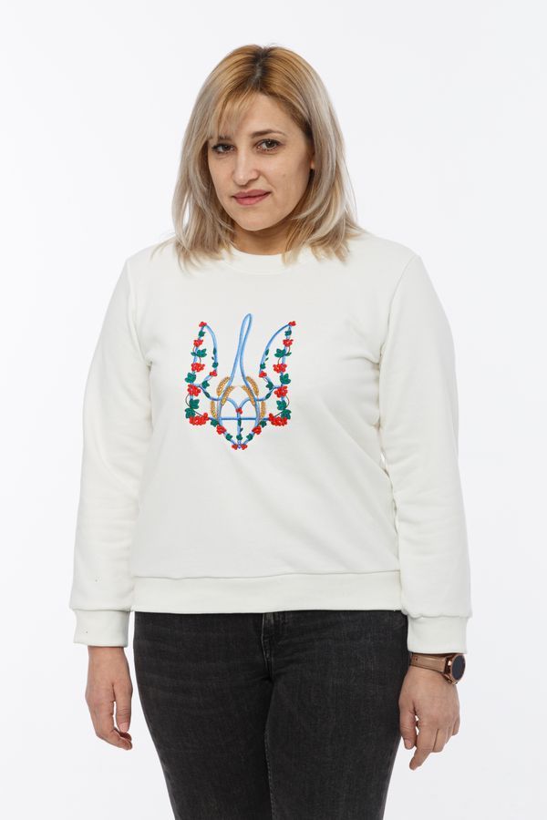 Women's sweatshirt with "Kalyna trident" embroidery, white, White, L