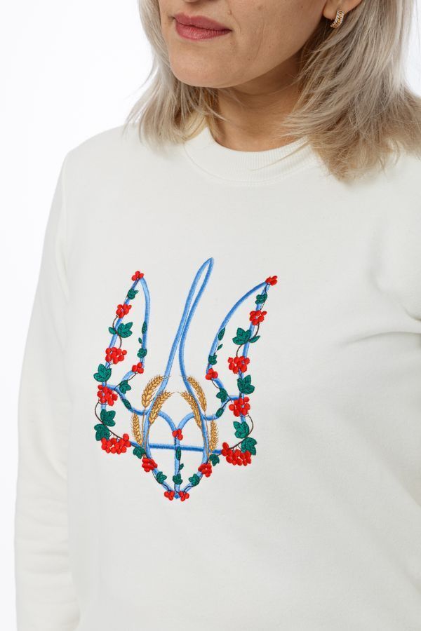 Women's sweatshirt with "Kalyna trident" embroidery, white, White, L