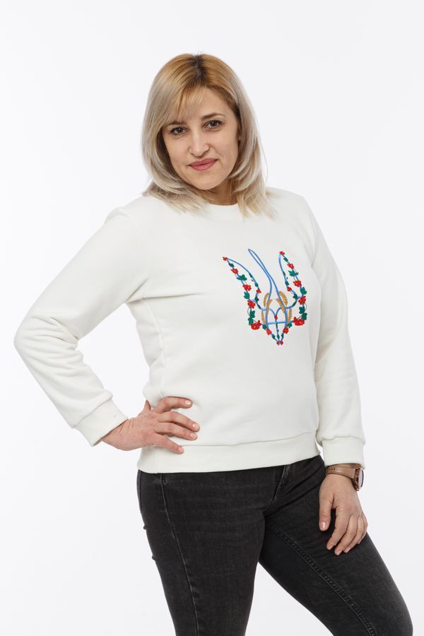Women's sweatshirt with "Kalyna trident" embroidery, white, White, L
