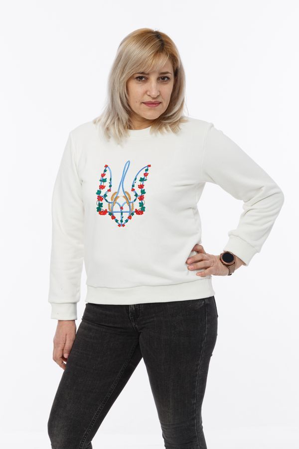 Women's sweatshirt with "Kalyna trident" embroidery, white, White, L