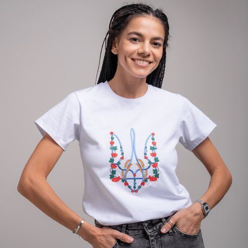 Women's t-shirt with &ldquo;Red kalyna trident&rdquo; embroidery, white, White, S
