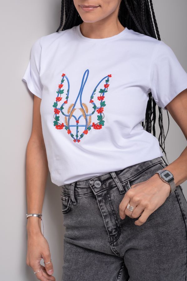 Women's t-shirt with &ldquo;Red kalyna trident&rdquo; embroidery, white, White, S