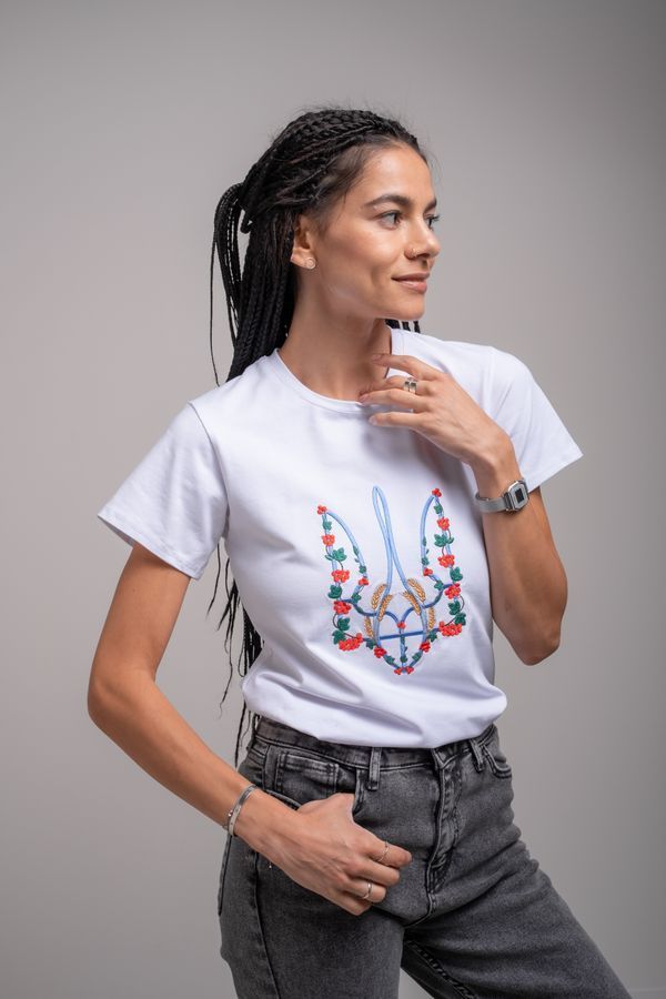 Women's t-shirt with &ldquo;Red kalyna trident&rdquo; embroidery, white, White, S